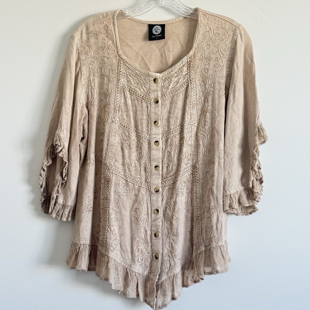 Yeshi Blouse Womens L Embroidered Ruffle Fairy Boho Rennaissance Festival